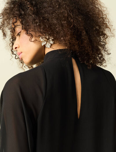 Blouse oversize col montant doubl&eacute;e noir femme