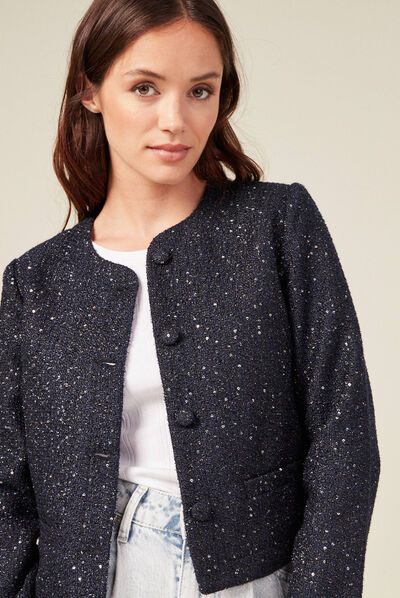 Veste droite à sequins bleu marine femme