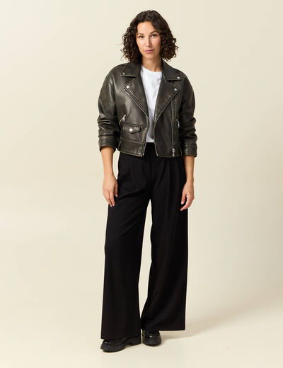 Pantalon large taille haute fluide noir femme