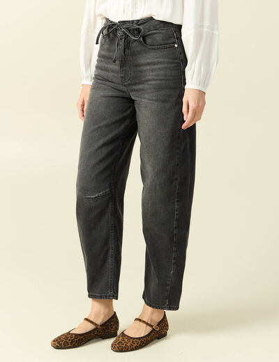 Jeans barrel 7/8&egrave;me avec ceinture denim gris femme