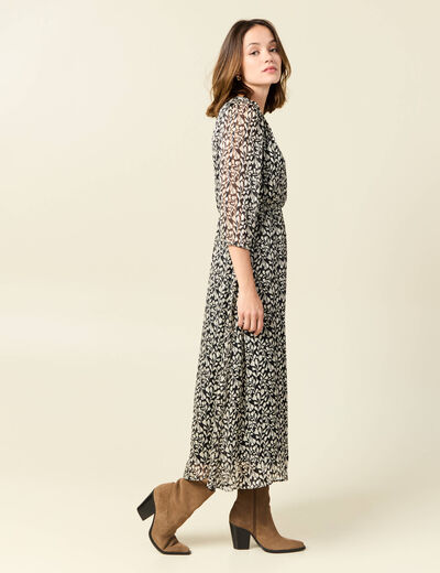 Robe longue évasée manches 3/4 noir femme