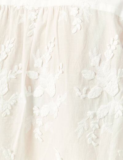 Chemise col rond manches longues brod&eacute;e ecru femme