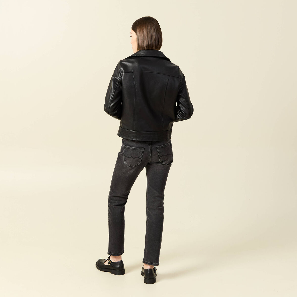 Blouson biker simili cuir noir femme