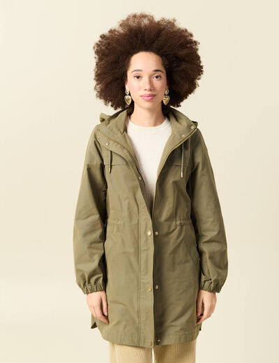 Parka longue droite d&eacute;perlante &agrave; capuche vert kaki femme