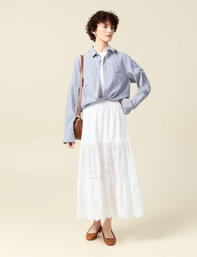 Jupe longue droite brodée ecru femme