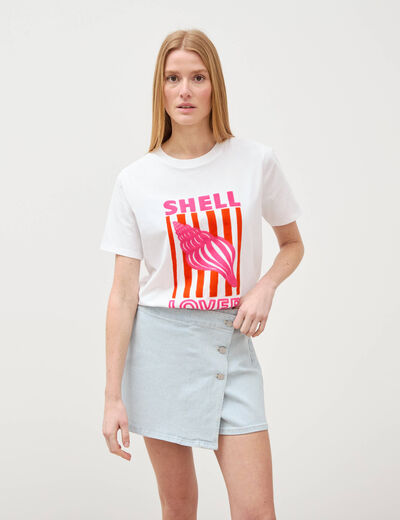 Jupe-short taille haute en jeans denim bleach femme