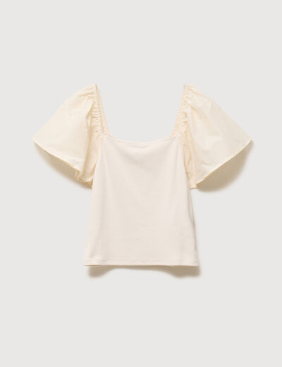 T-shirt bi-mati&egrave;re ajust&eacute; d&eacute;collet&eacute; ecru femme