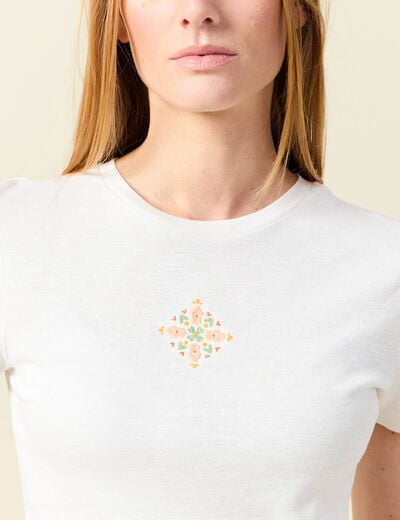 T-shirt ajust&eacute; cropped col rond ivoire femme