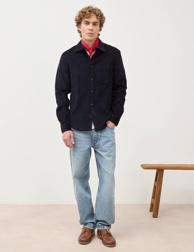 Chemise col classique en velours bleu marine homme