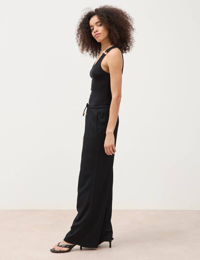 Pantalon large taille haute ceinture noir femme
