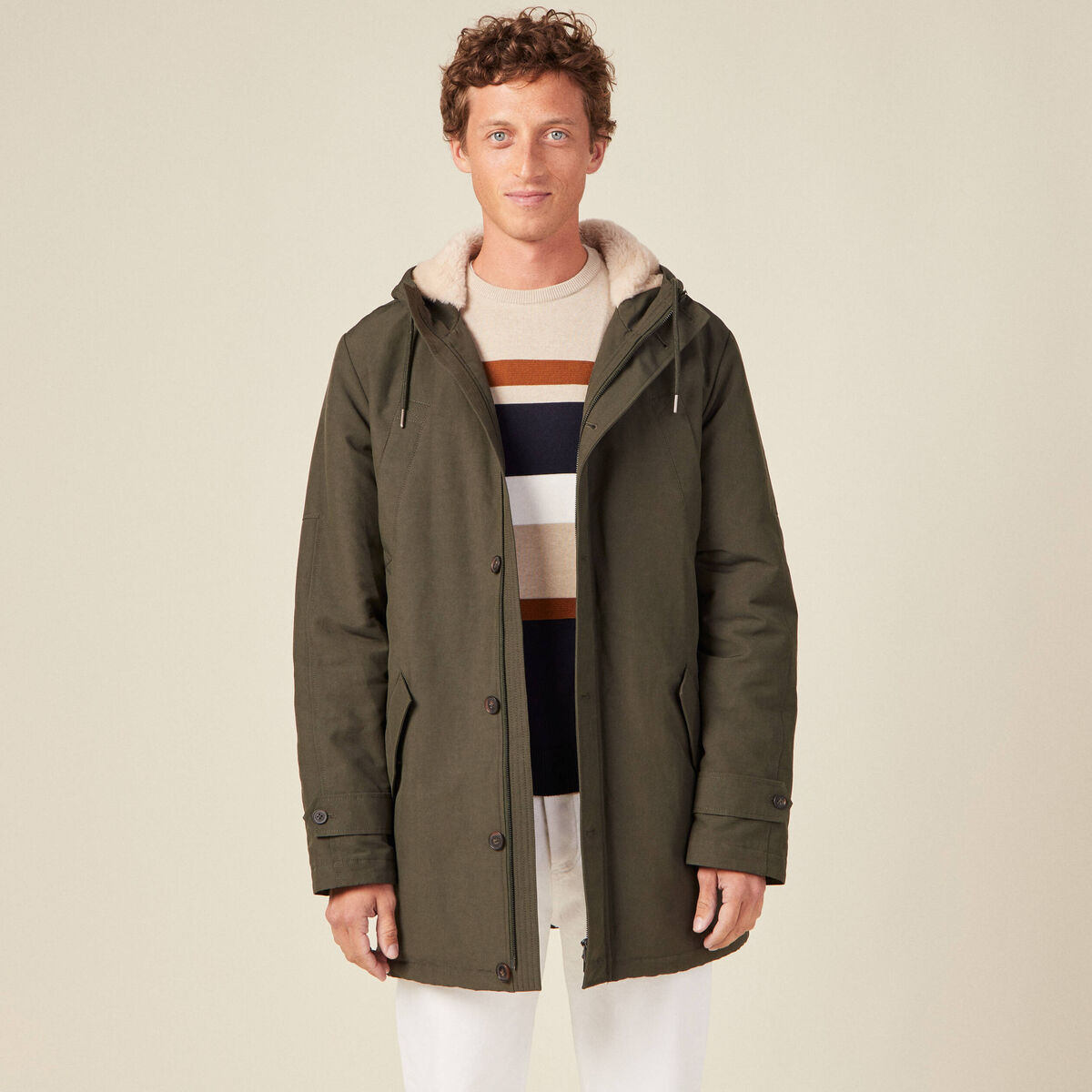 Parka droite à capuche vert kaki homme