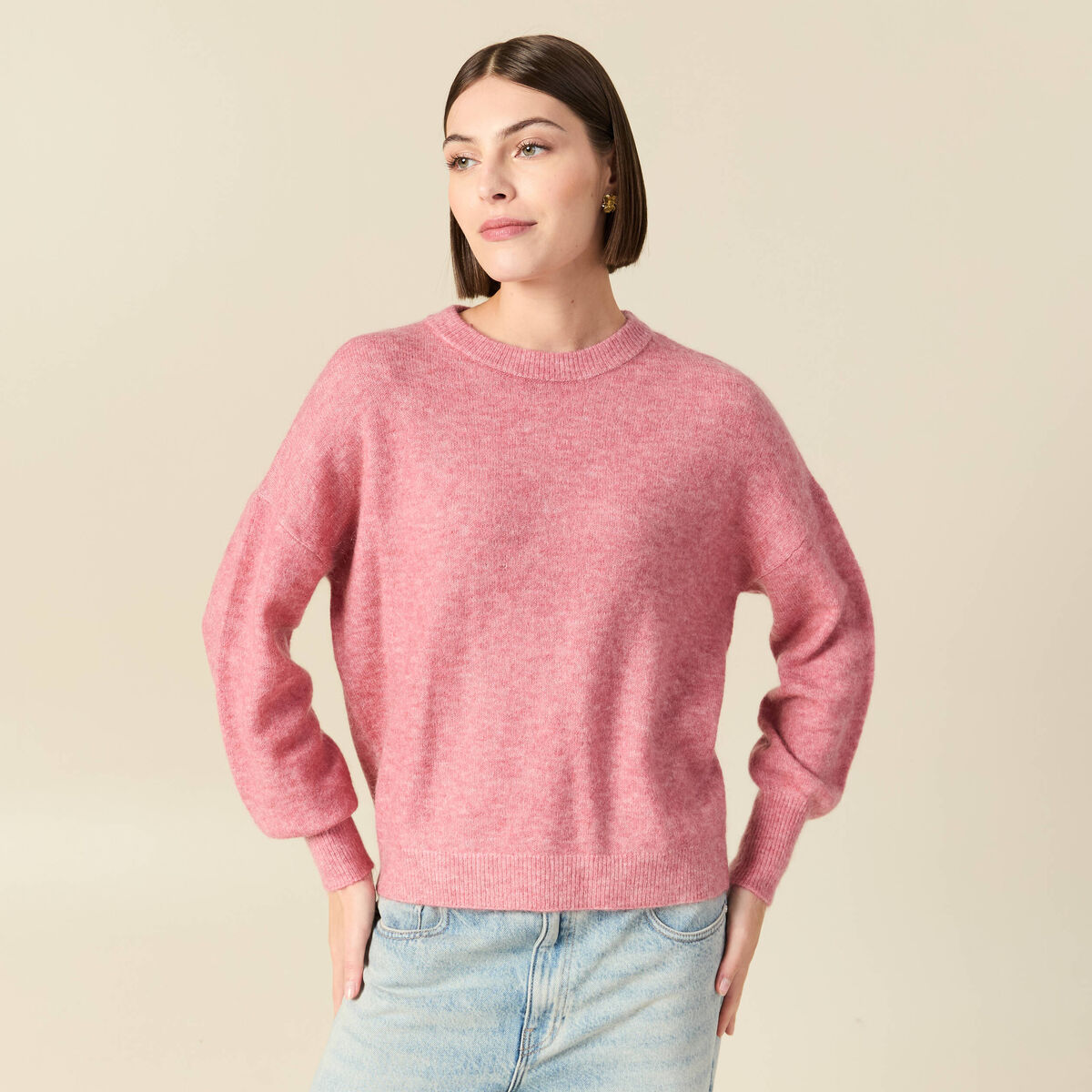 Pull col rond manches longues mauve femme