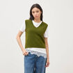 Pull sans manches col en V vert kaki femme