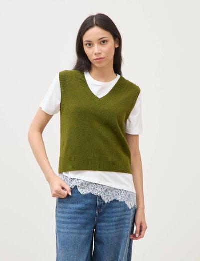 Pull sans manches col en V vert kaki femme