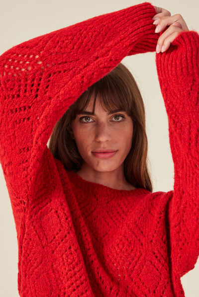 Pull manches longues ajouré rouge femme