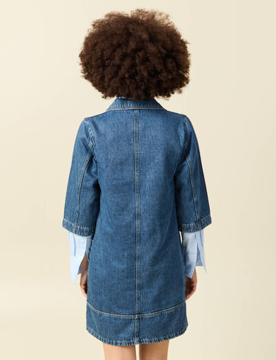 Robe droite courte en coton col v denim stone femme