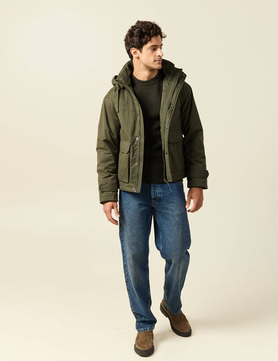 Parka droite courte &agrave; capuche vert kaki homme