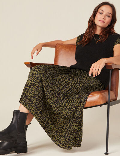 Robe midi évasée plissée satin vert kaki femme