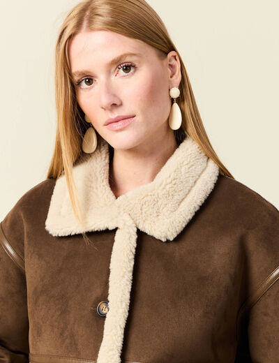 Manteau oversize court col classique marron fonc&eacute; femme