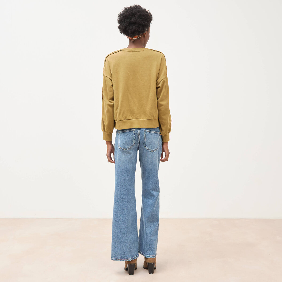 Sweat droit en coton manches longues camel femme