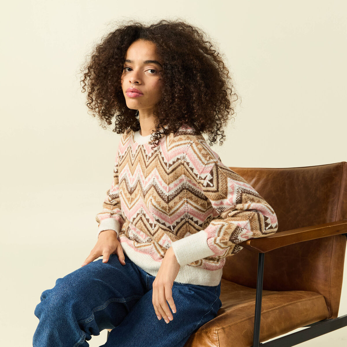 Pull col rond manches longues rose femme