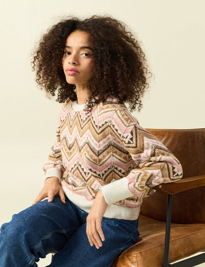 Pull col rond manches longues rose femme