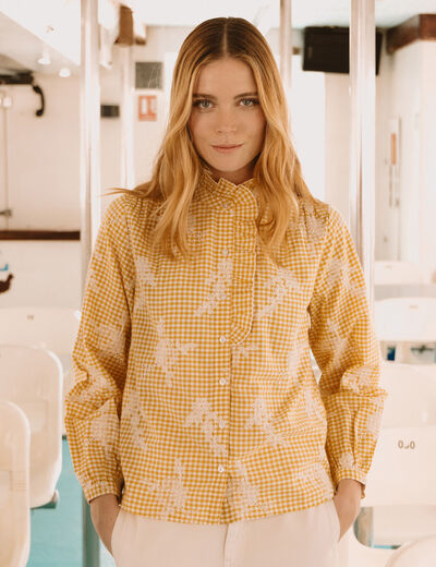 Chemise vichy manches longues en coton jaune femme