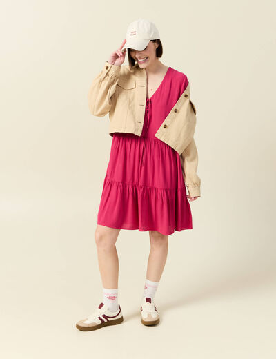 Robe évasée manches 3/4 rose framboise femme