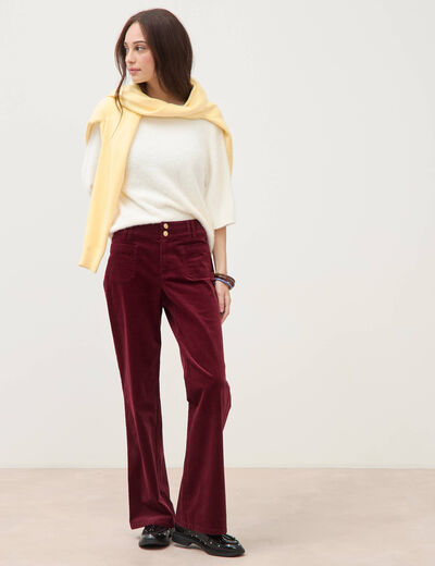 Pantalon flare taille haute en velours bordeaux femme