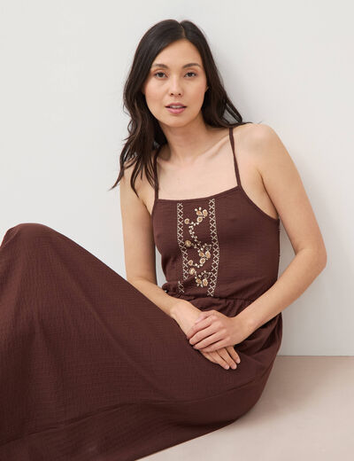 Robe bretelle col carr&eacute; en coton marron fonc&eacute; femme