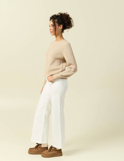 Pull manches longues col rond &agrave; sequins creme femme