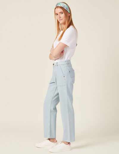 Jeans cargo taille haute denim bleach femme