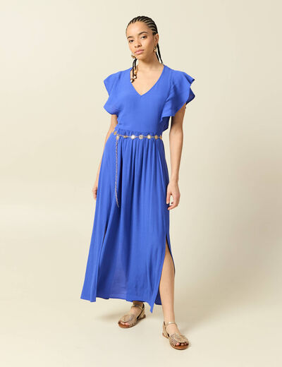 Robe fluide col v manches courtes bleu electrique femme