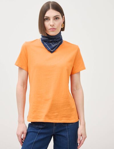 T-shirt cintr&eacute; col rond manches courtes orange clair femme