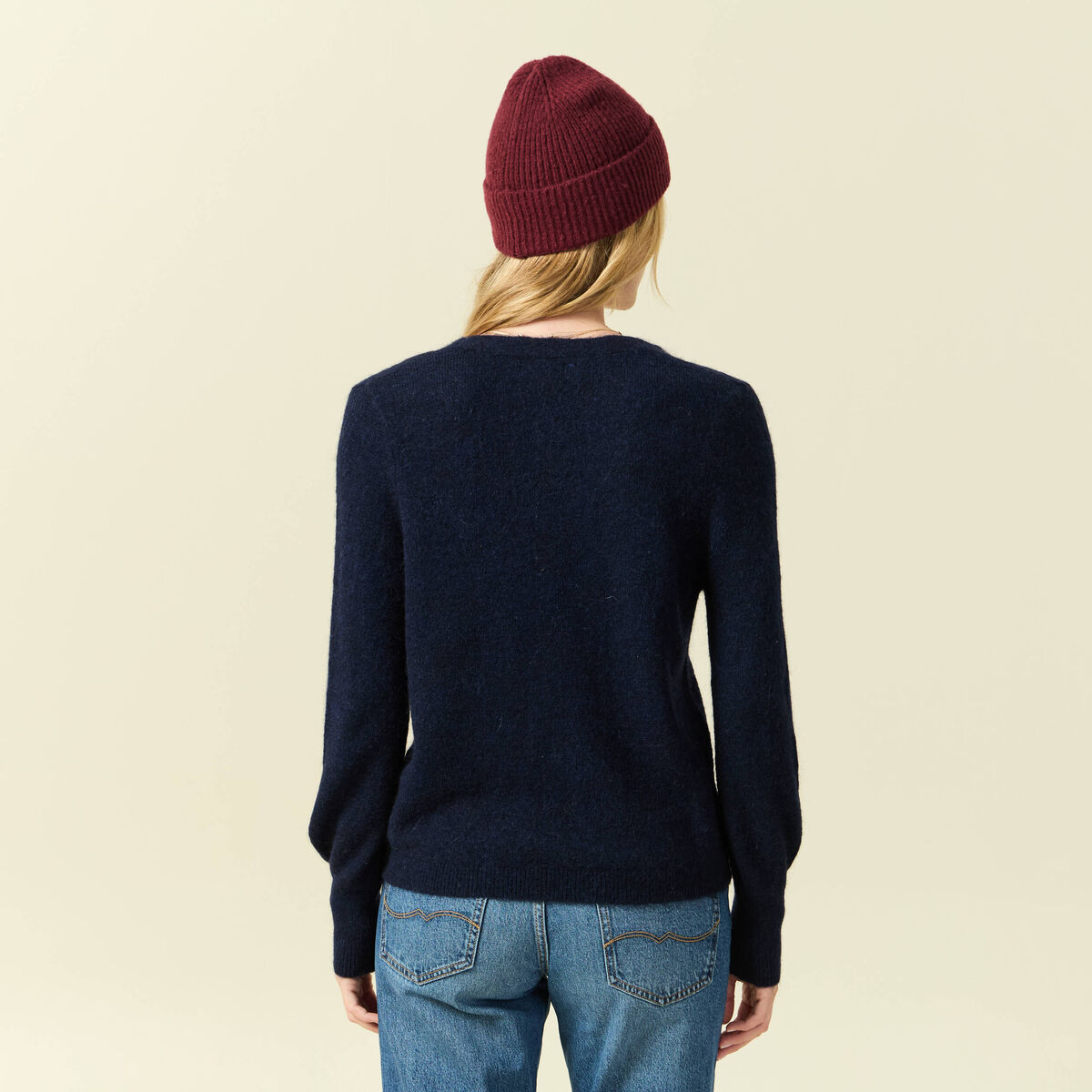 Pull col V manches longues bleu marine femme