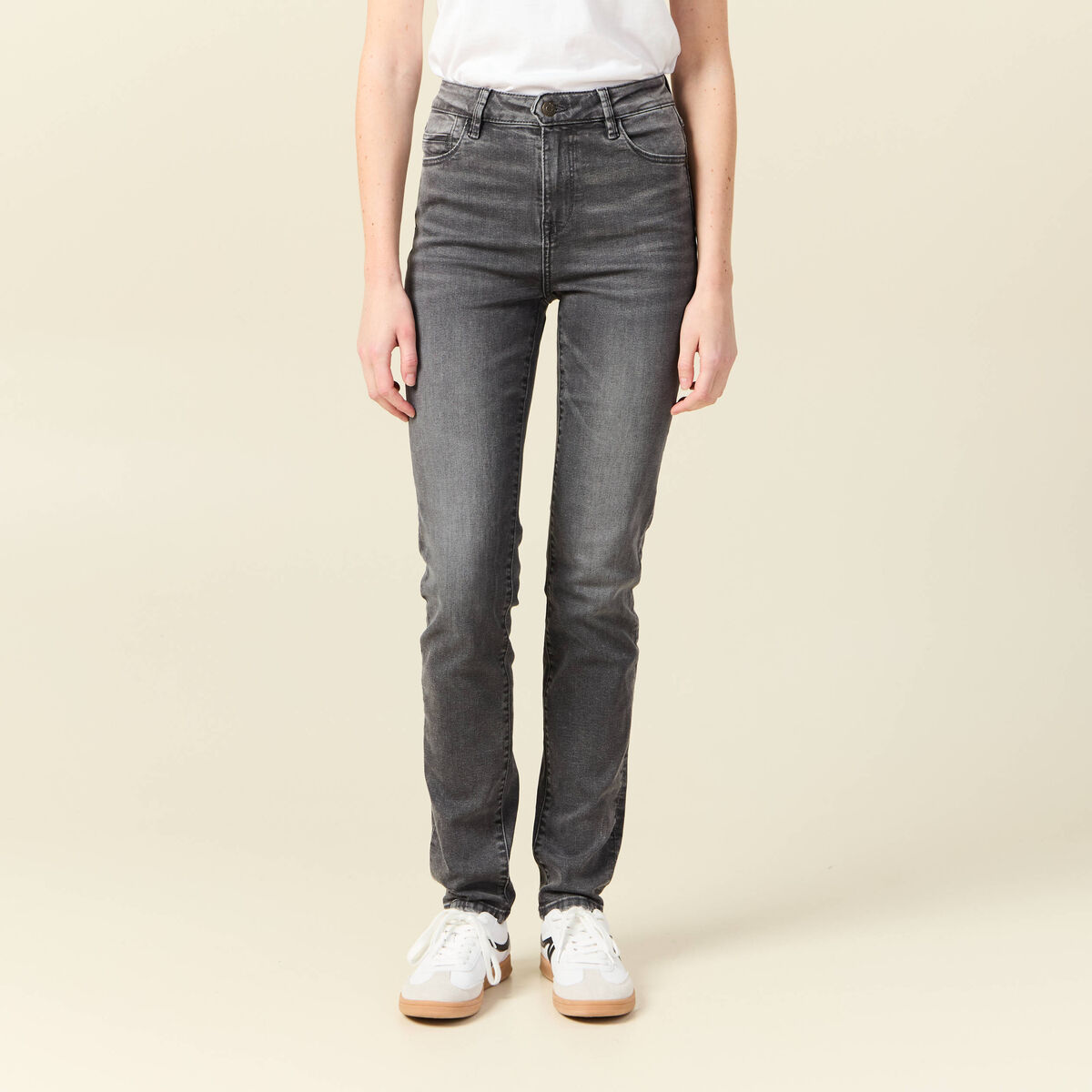 Jeans slim taille haute denim gris femme