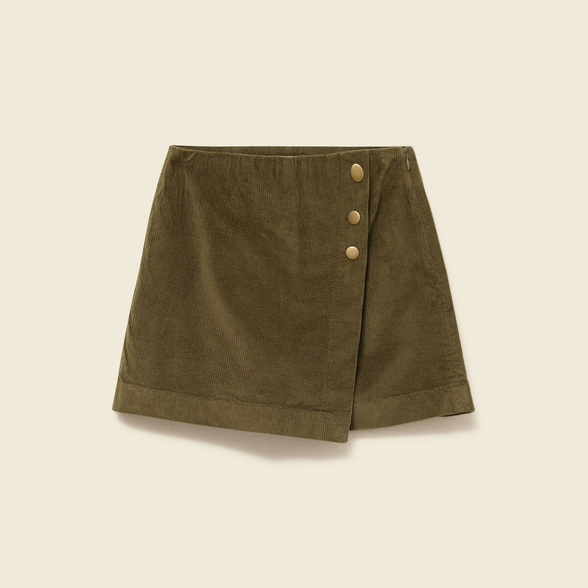 Jupe-short taille haute en velours vert kaki femme