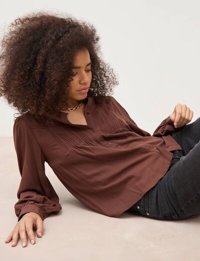 Blouse ajour&eacute;e col rond manches longues marron fonc&eacute; femme