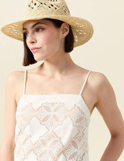 Débardeur droit court col carré dentelle ecru femme