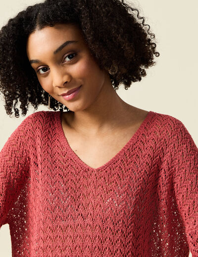 Pull manches 3/4 ajouré vieux rose femme
