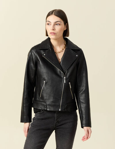 Blouson biker simili cuir noir femme