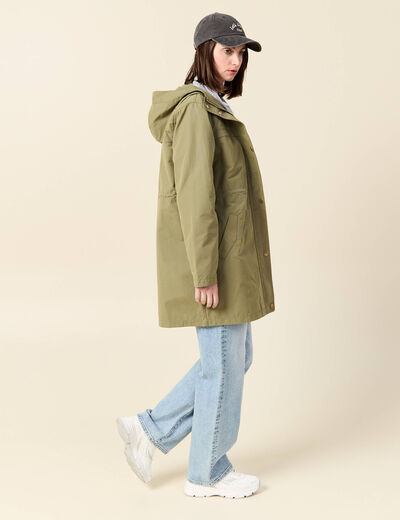 Parka longue à capuche vert kaki femme
