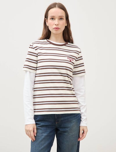 T-shirt ray&eacute; col rond manches courtes ivoire femme