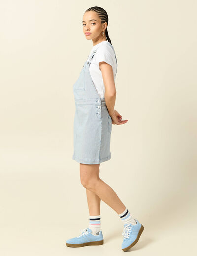 Robe en jeans &agrave; bretelles col carr&eacute; bleu marine femme