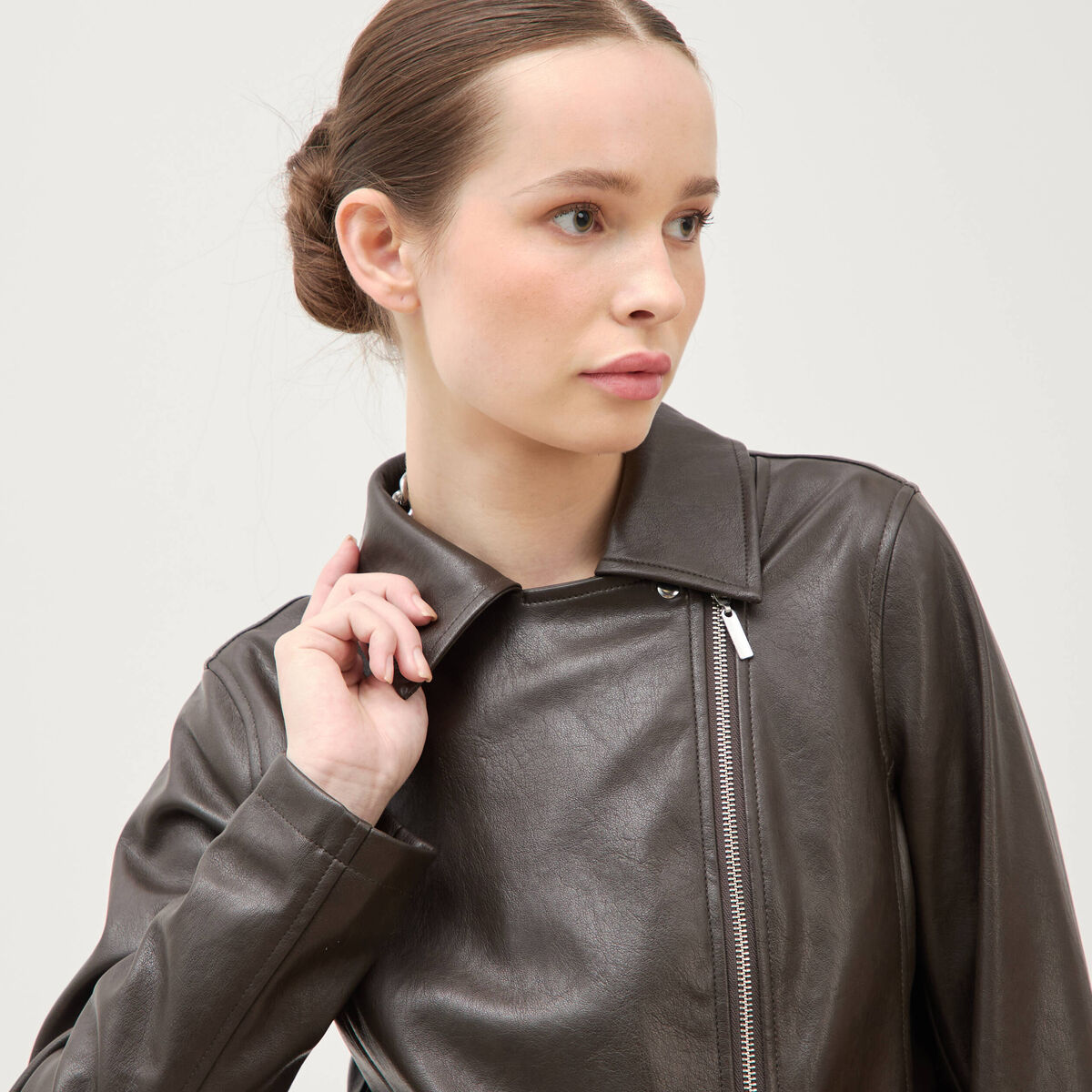 Perfecto manches longues similicuir marron fonc&eacute; femme