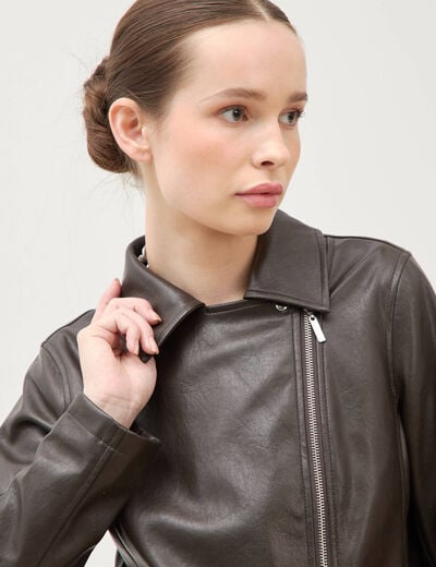 Perfecto manches longues similicuir marron fonc&eacute; femme