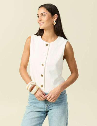 D&eacute;bardeur col rond sans manches creme femme