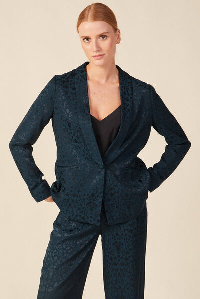 Veste blazer droite satin bleu canard femme