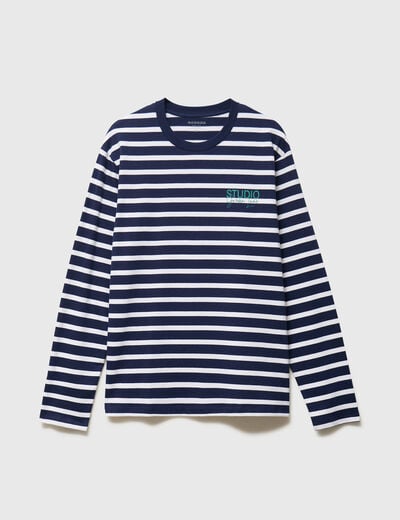 T-shirt ray&eacute; col rond manches longues blanc homme