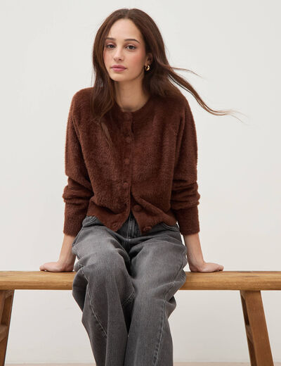 Gilet droit manches longues col rond marron femme